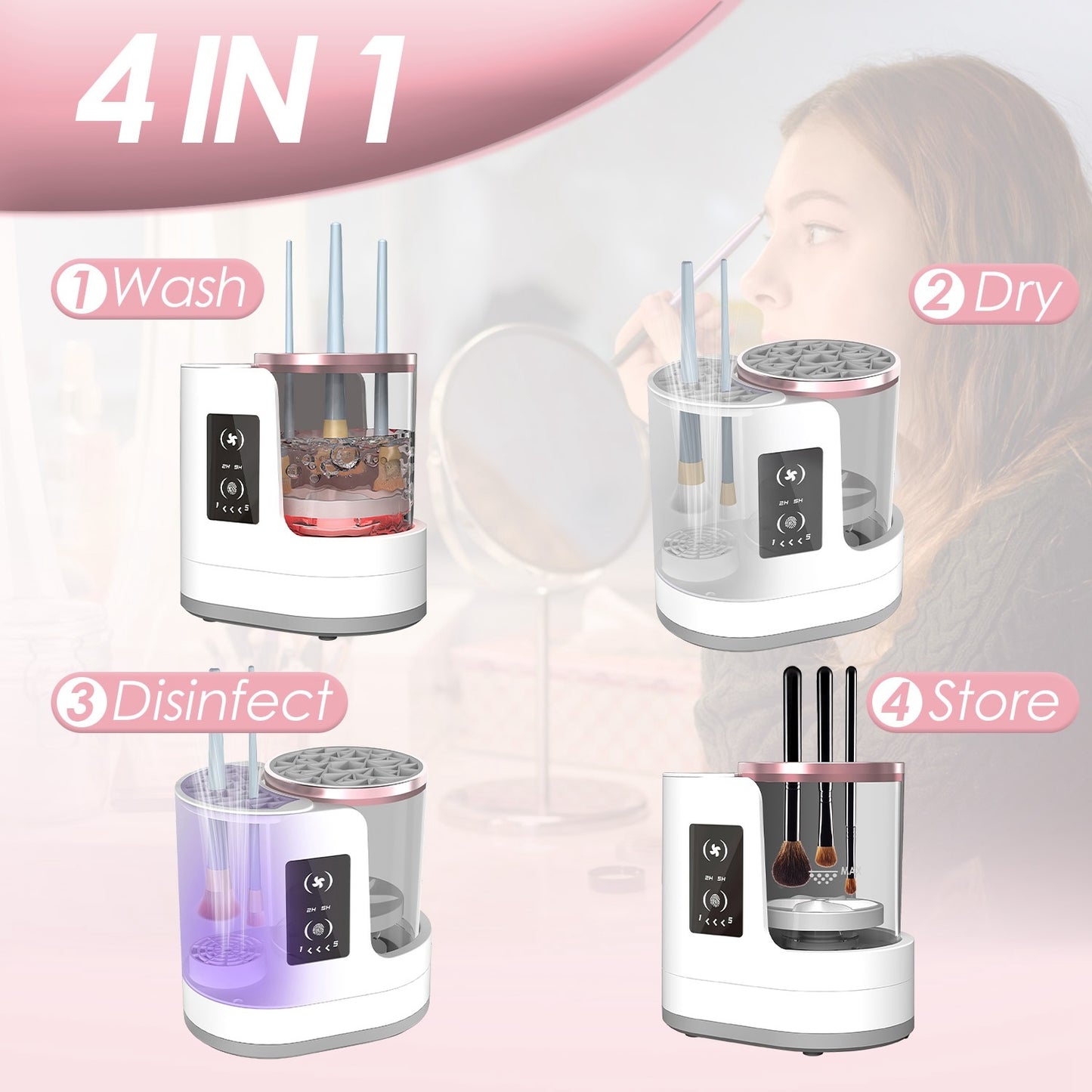 USB-Powered 4-in-1 Auto Makeup Brush Cleaner with UV Sterilizer