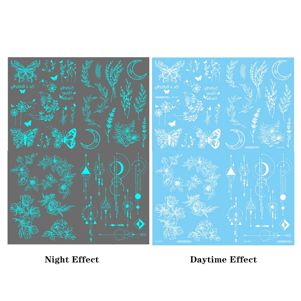 4pcs Blue Luminous Waterproof Temporary Tattoos – Butterfly & Rose Designs