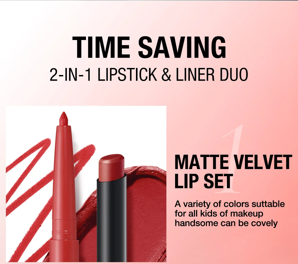 2-in-1 Waterproof Lip Liner & Lipstick Set – Smudge-Proof, Long-Lasting