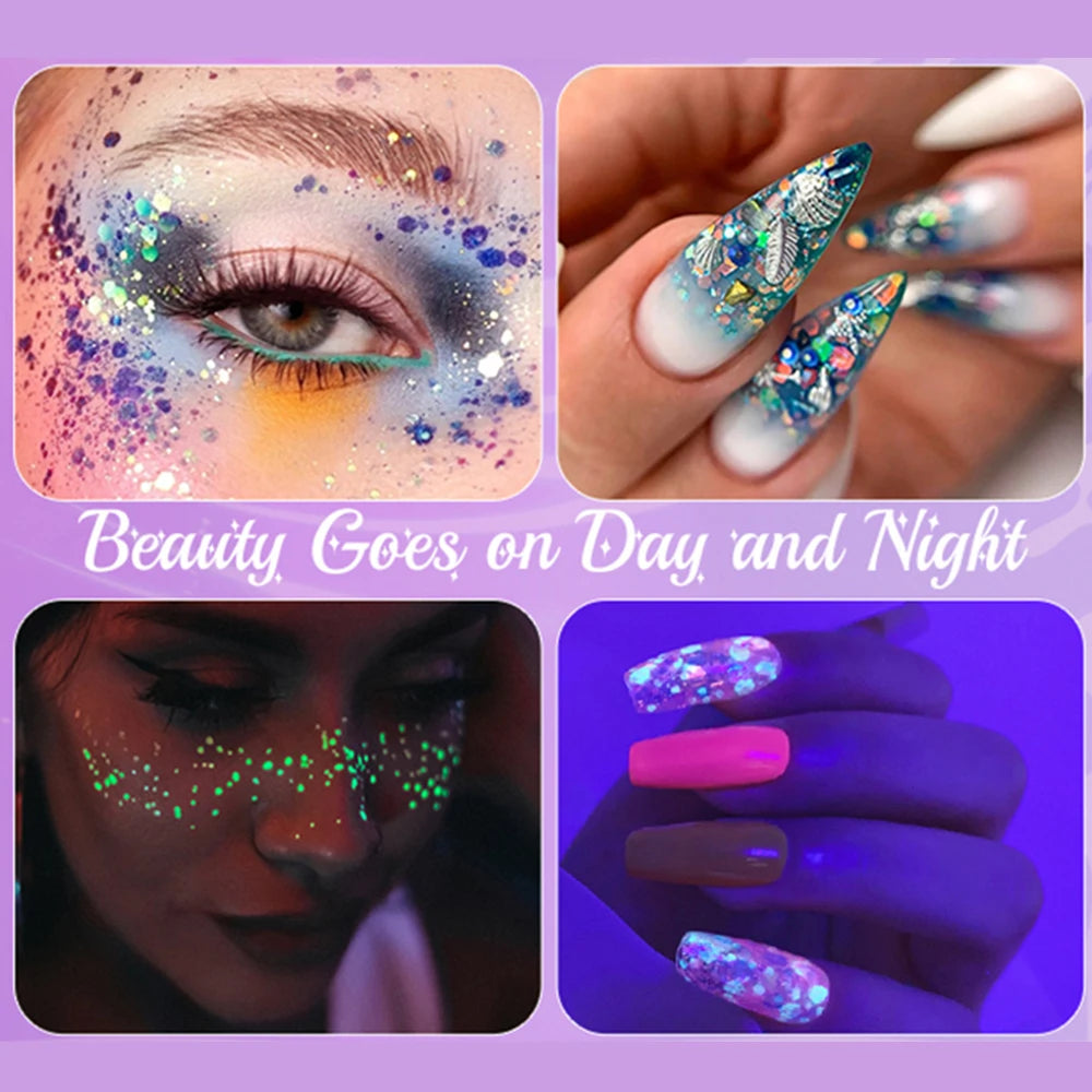 24PCS Glow-in-the-Dark Face & Body Glitter Gel – UV Luminous Party Sparkle