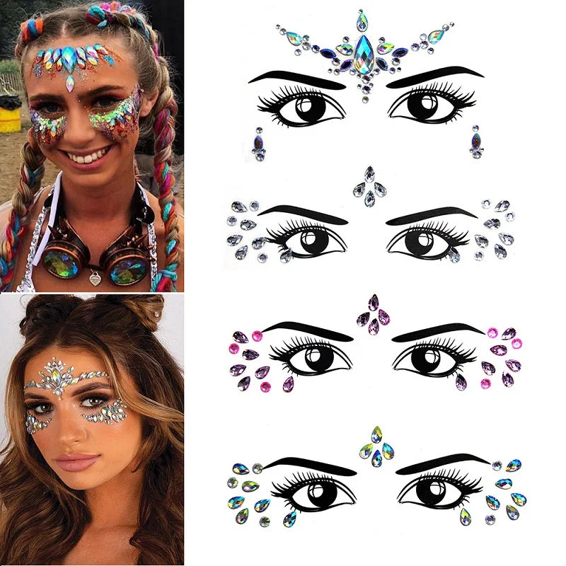 3D Rhinestone Face Stickers – Sparkling Gems for Festival & Glitter Makeup