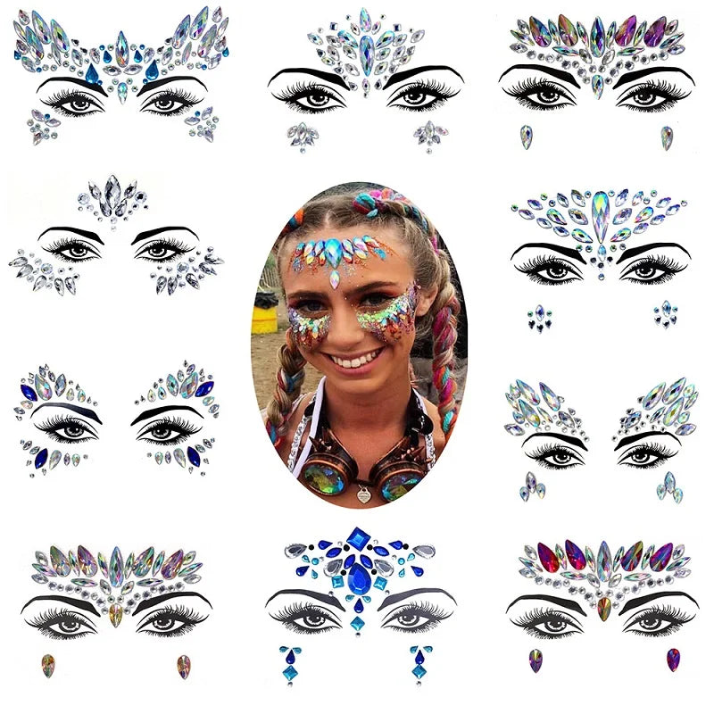 3D Rhinestone Face Stickers – Sparkling Gems for Festival & Glitter Makeup