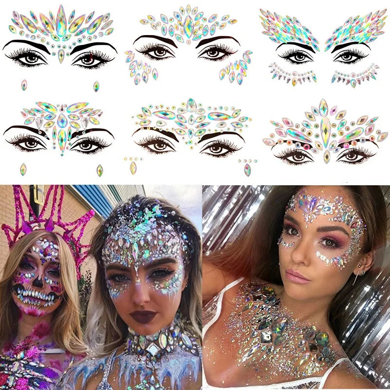 3D Rhinestone Face Stickers – Sparkling Gems for Festival & Glitter Makeup