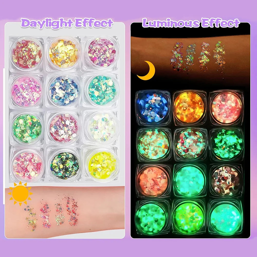 24PCS Glow-in-the-Dark Face & Body Glitter Gel – UV Luminous Party Sparkle