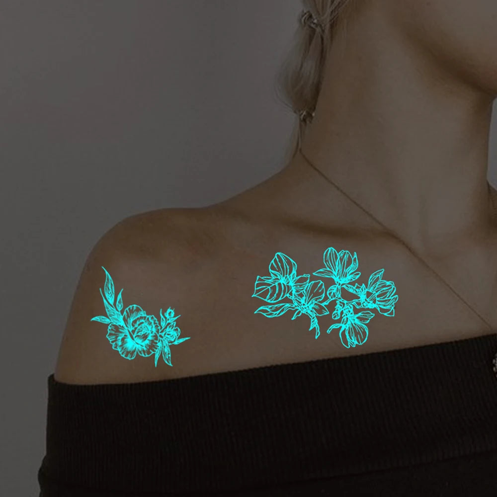 4pcs Blue Luminous Waterproof Temporary Tattoos – Butterfly & Rose Designs