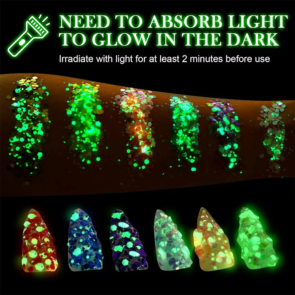 24PCS Glow-in-the-Dark Face & Body Glitter Gel – UV Luminous Party Sparkle