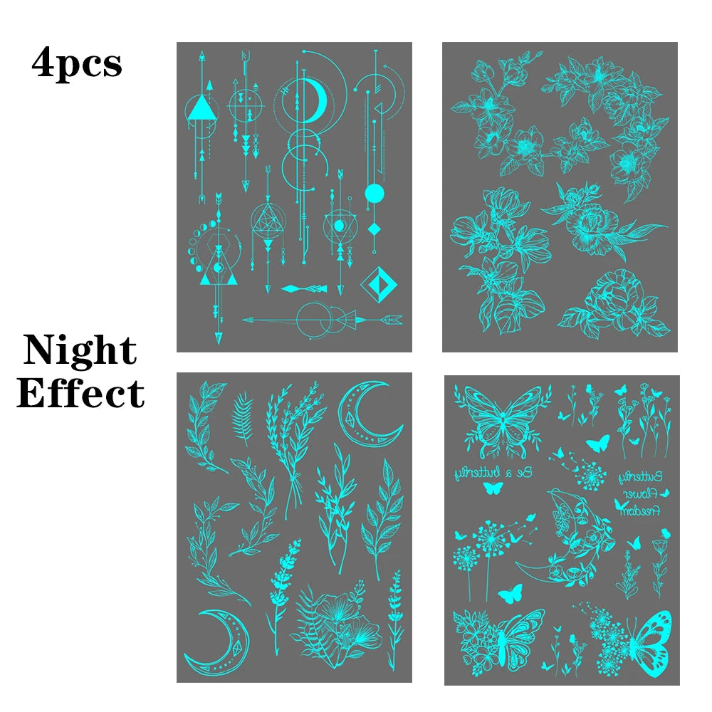 4pcs Blue Luminous Waterproof Temporary Tattoos – Butterfly & Rose Designs