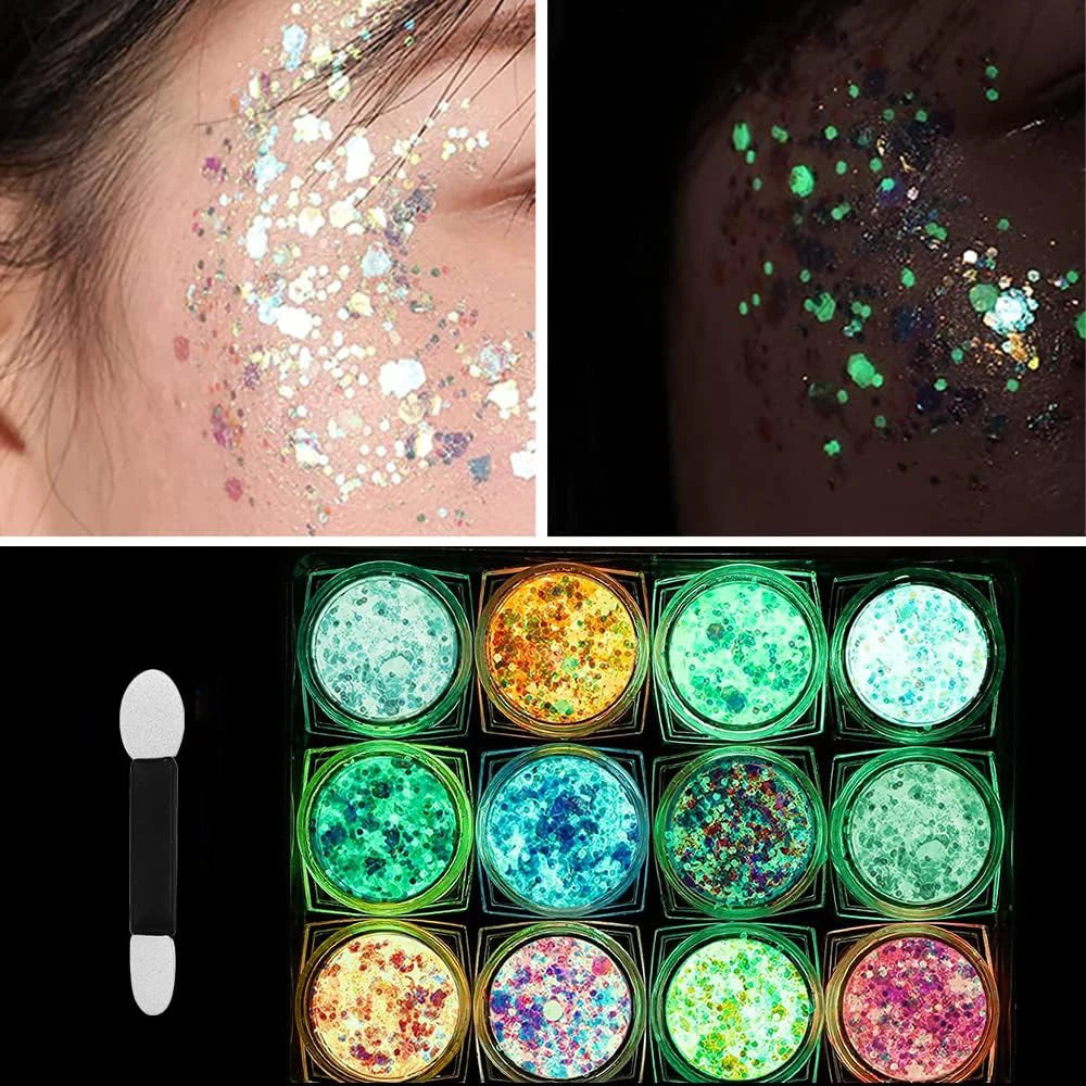 24PCS Glow-in-the-Dark Face & Body Glitter Gel – UV Luminous Party Sparkle