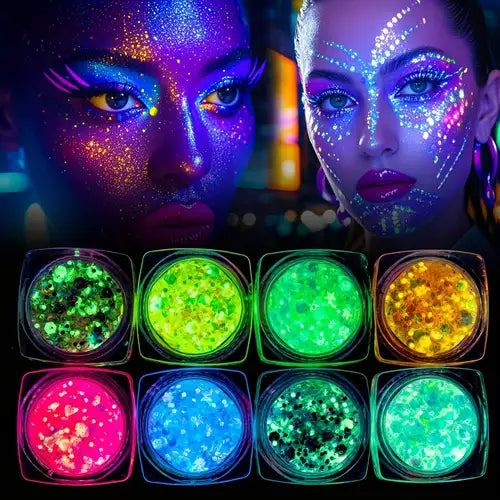 24PCS Glow-in-the-Dark Face & Body Glitter Gel – UV Luminous Party Sparkle