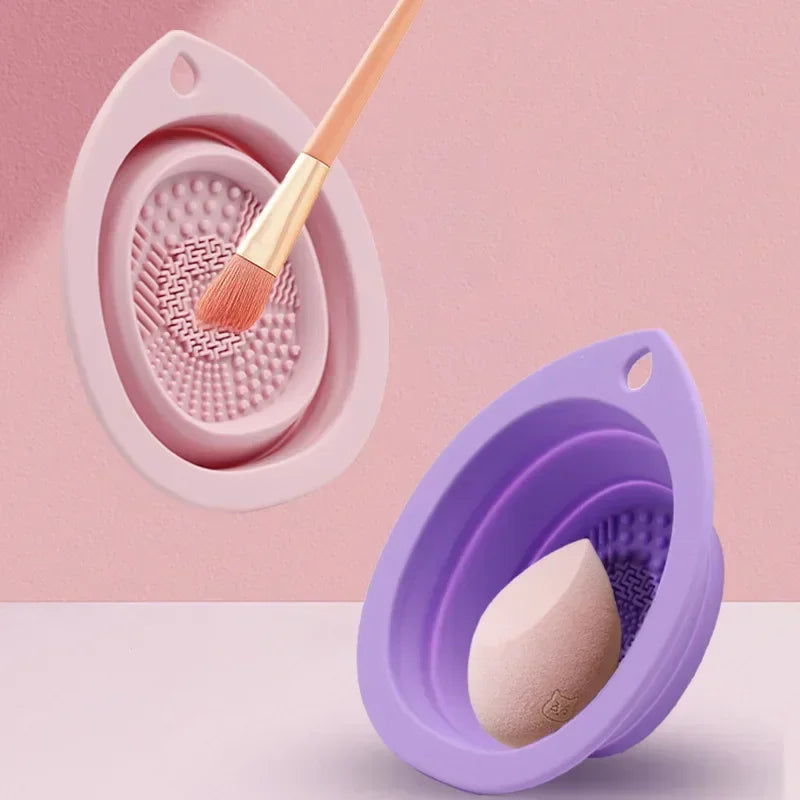 Silicone Makeup Brush Cleaner Bowl – Folding Powder Puff Scrubber Mat