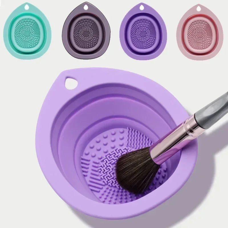 Silicone Makeup Brush Cleaner Bowl – Folding Powder Puff Scrubber Mat