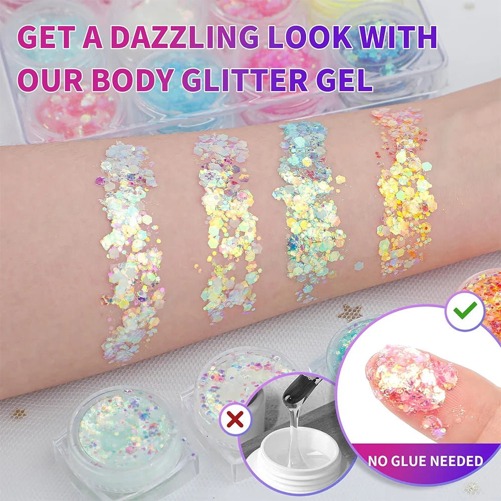 24PCS Glow-in-the-Dark Face & Body Glitter Gel – UV Luminous Party Sparkle