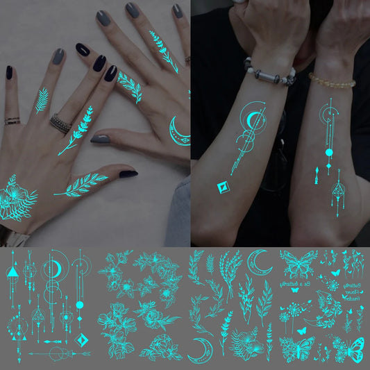 4pcs Blue Luminous Waterproof Temporary Tattoos – Butterfly & Rose Designs