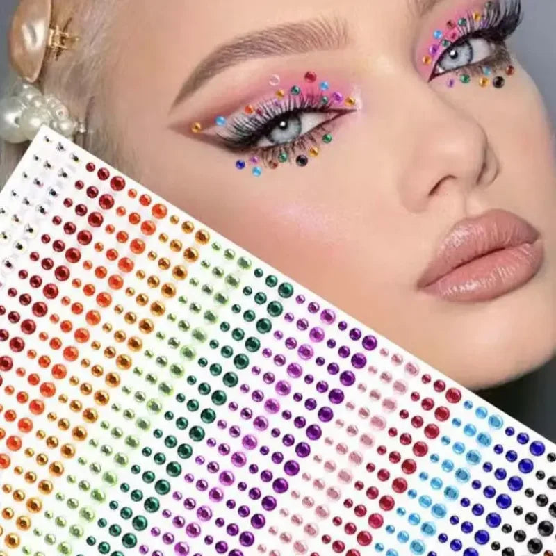 3D Diamond & Pearl Makeup Stickers – Colorful Sparkle for Eyes & Face Festival Glam