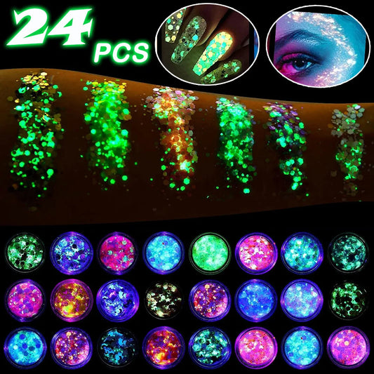 24PCS Glow-in-the-Dark Face & Body Glitter Gel – UV Luminous Party Sparkle